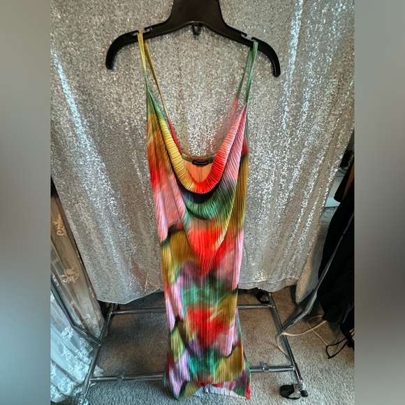 Multi Color Plisse Cowl Neck Maxi Dress - Picture 3 of 5